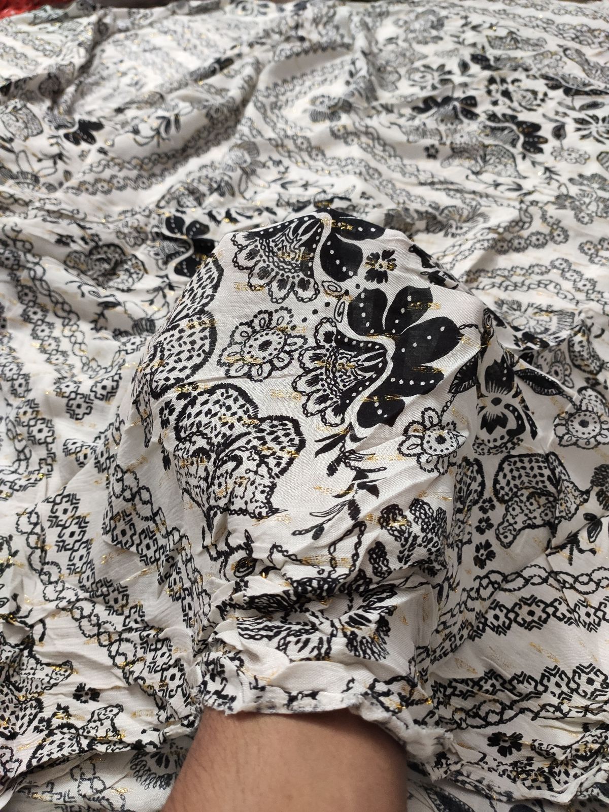 Off White Rayon Crepe Lurex with Black Floral Print | Charu Creation - Image 4