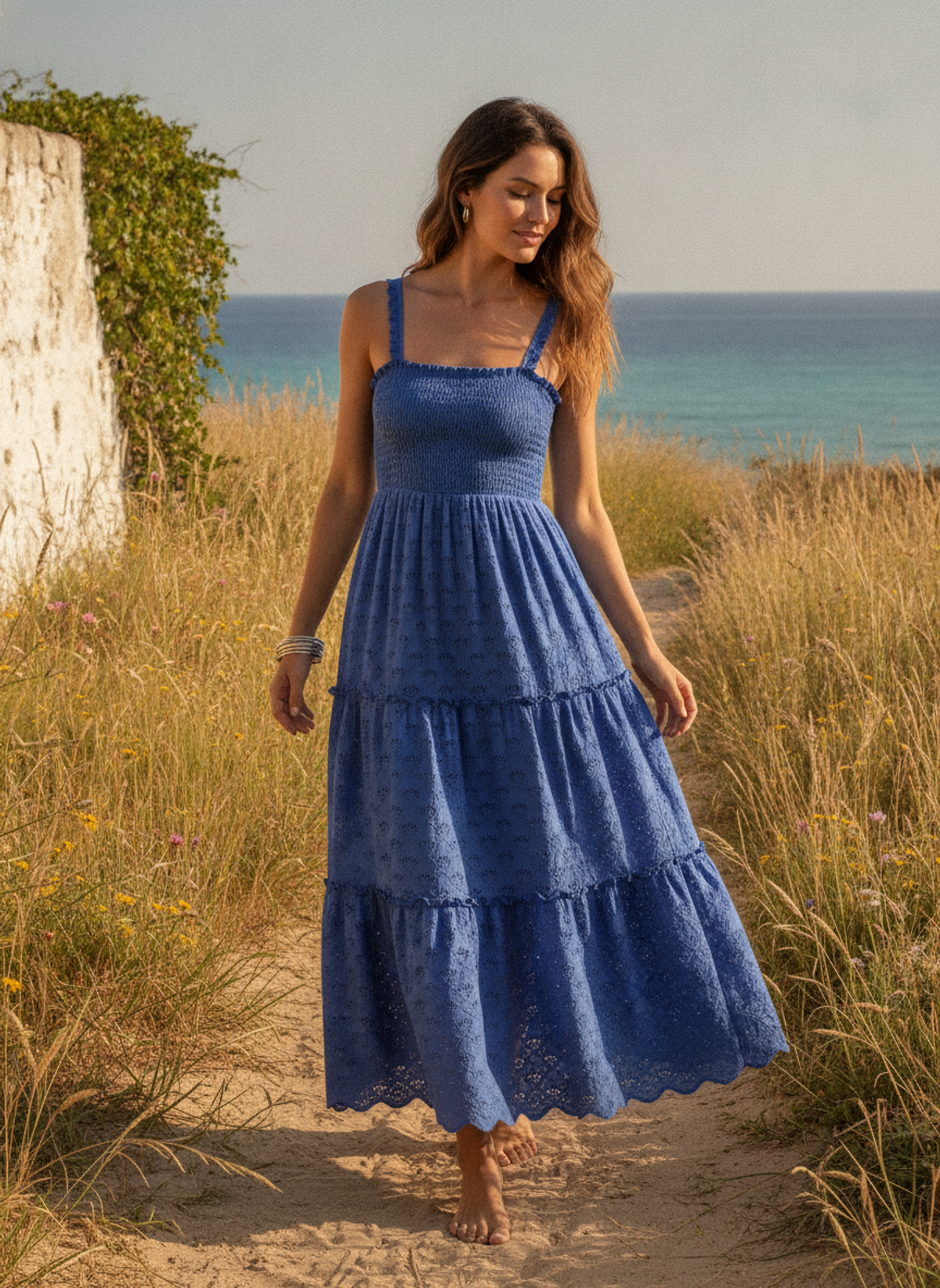 Blue Cotton Cambric Fabric with Tonal Embroidery | Charu Creation - Image 5