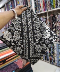 Black Rayon Crepe Lurex Fabric with Floral Print | Charu Creation