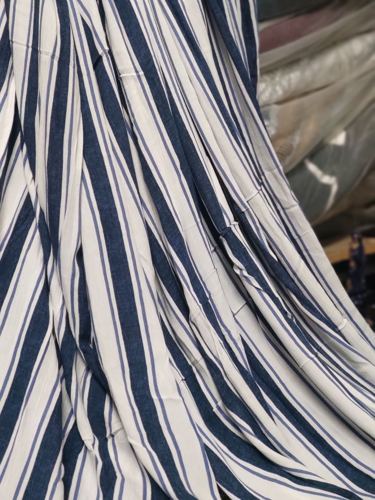 Blue & Off White Striped Rayon Crepe Fabric | Charu Creation
