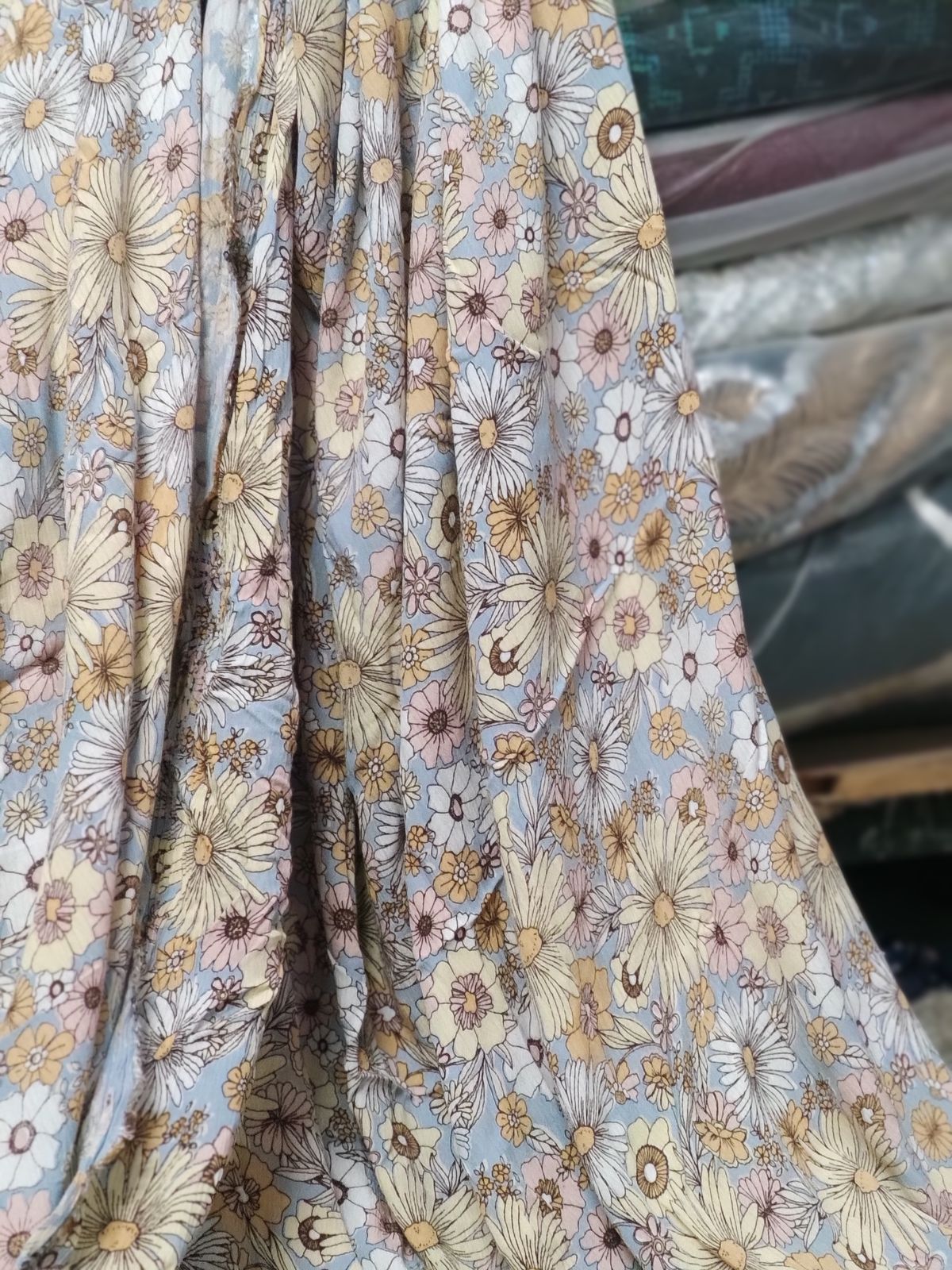 Sky Blue Retro Floral Print Rayon Crepe Fabric | Charu Creation