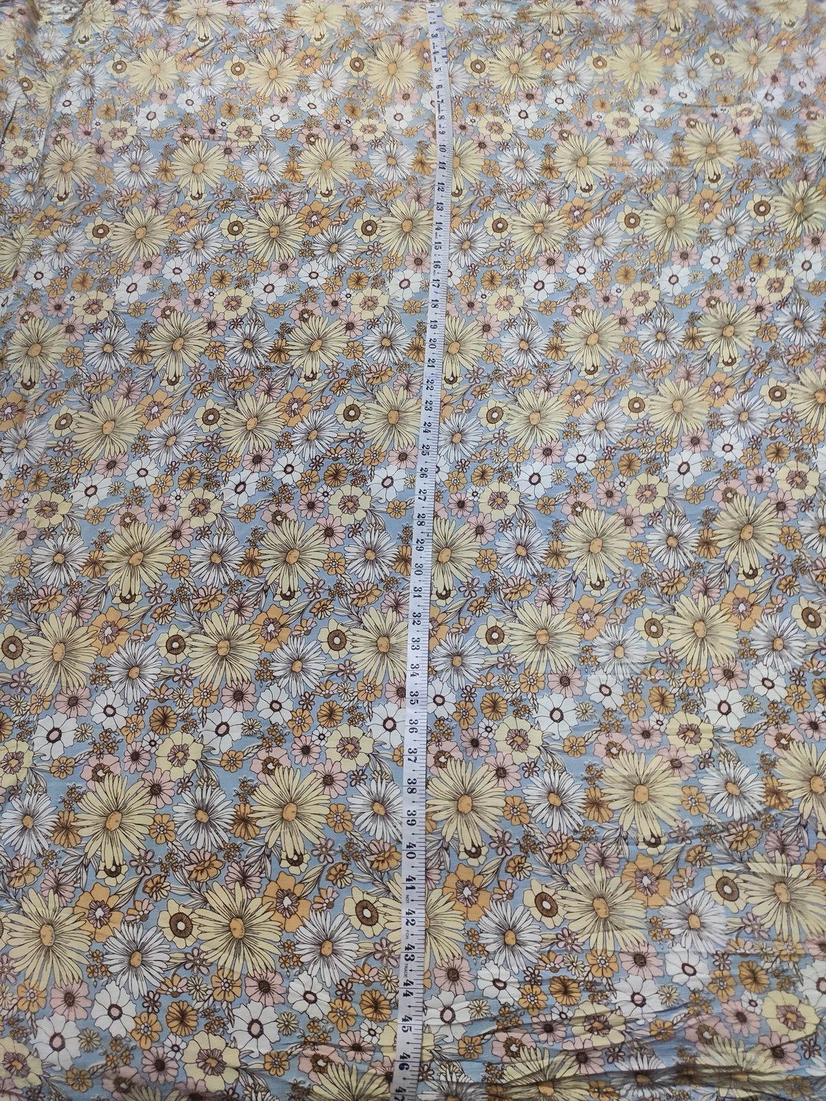 Sky Blue Retro Floral Print Rayon Crepe Fabric | Charu Creation - Image 2