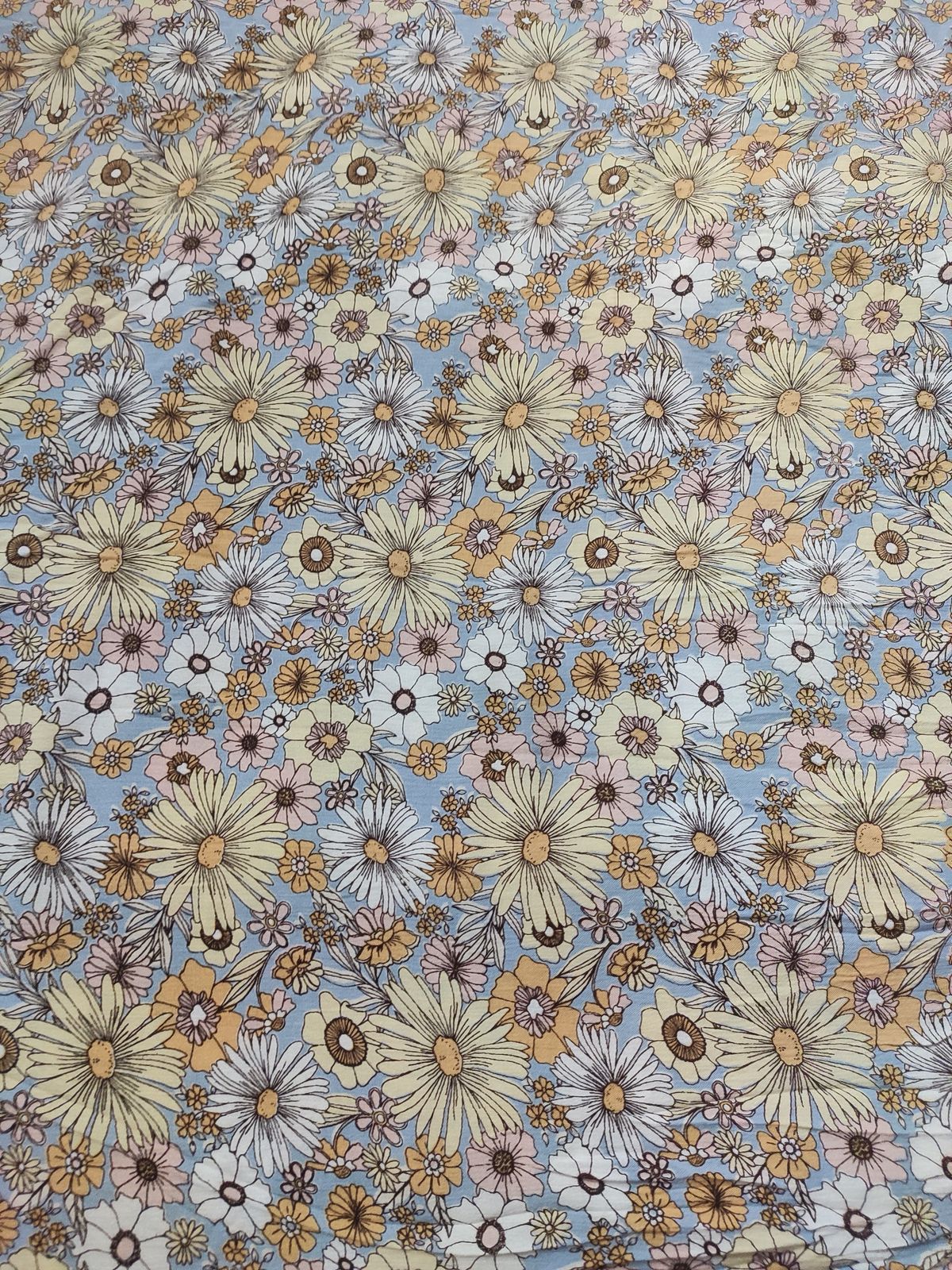 Sky Blue Retro Floral Print Rayon Crepe Fabric | Charu Creation - Image 3