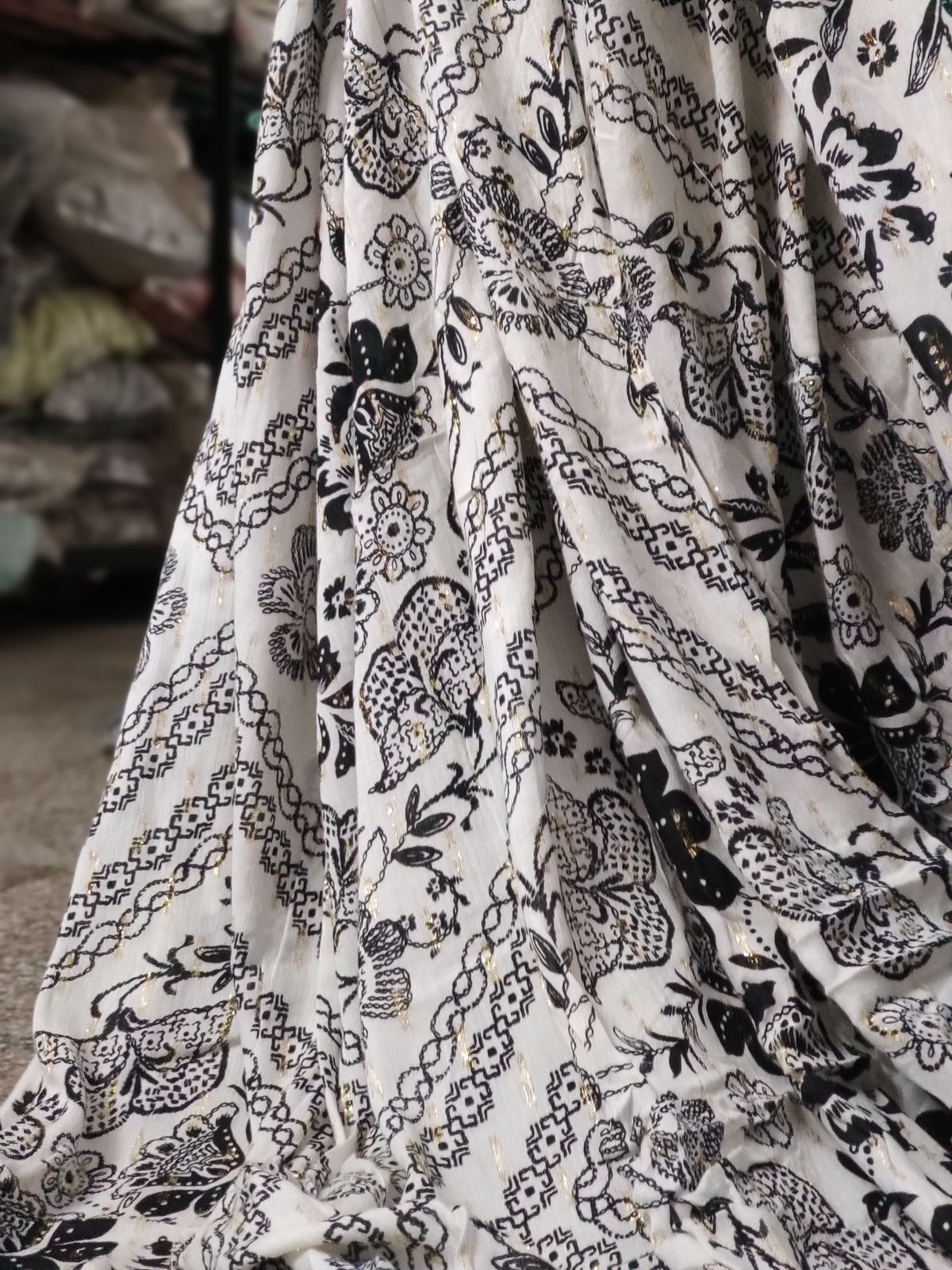 Off White Rayon Crepe Lurex with Black Floral Print | Charu Creation