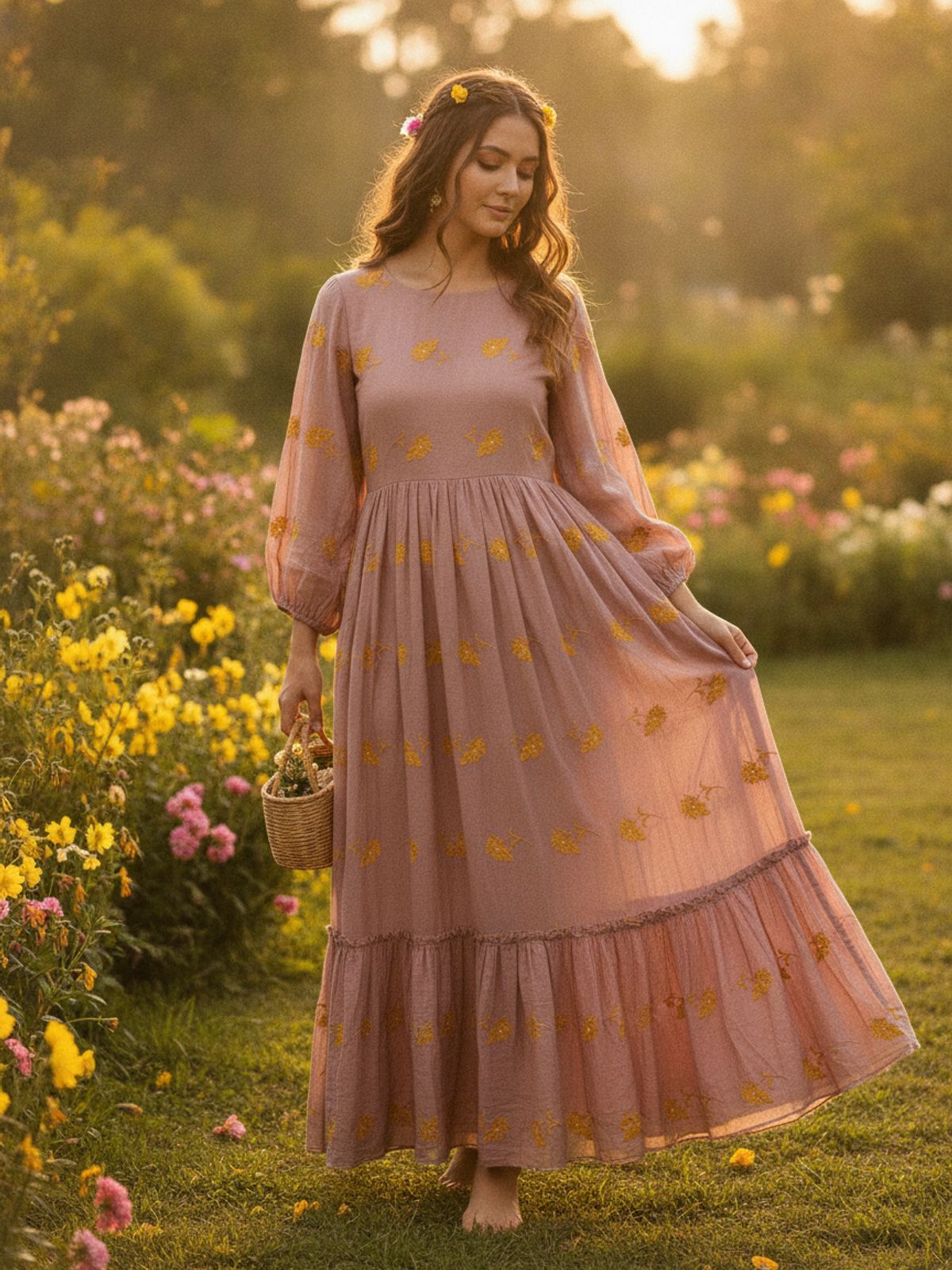 Lilac Cotton Voile with Mustard Floral Embroidery
