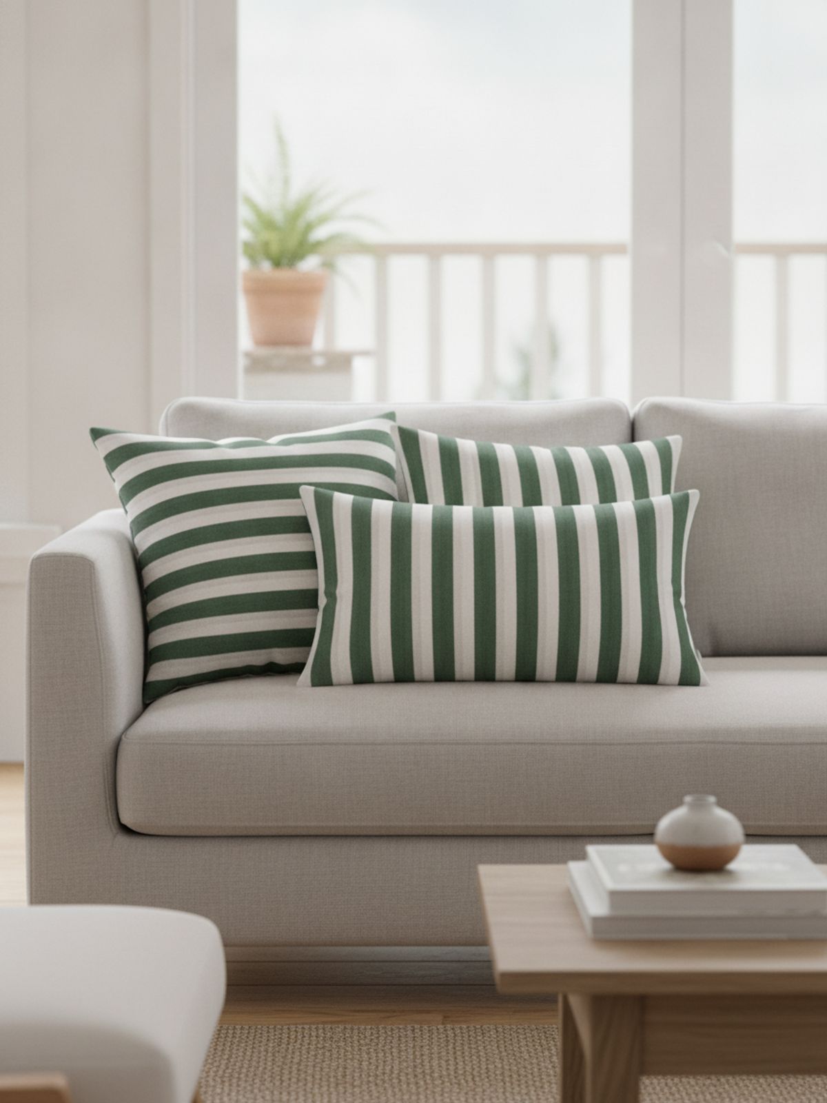 Green & White Striped Printed Cotton Cambric Fabric