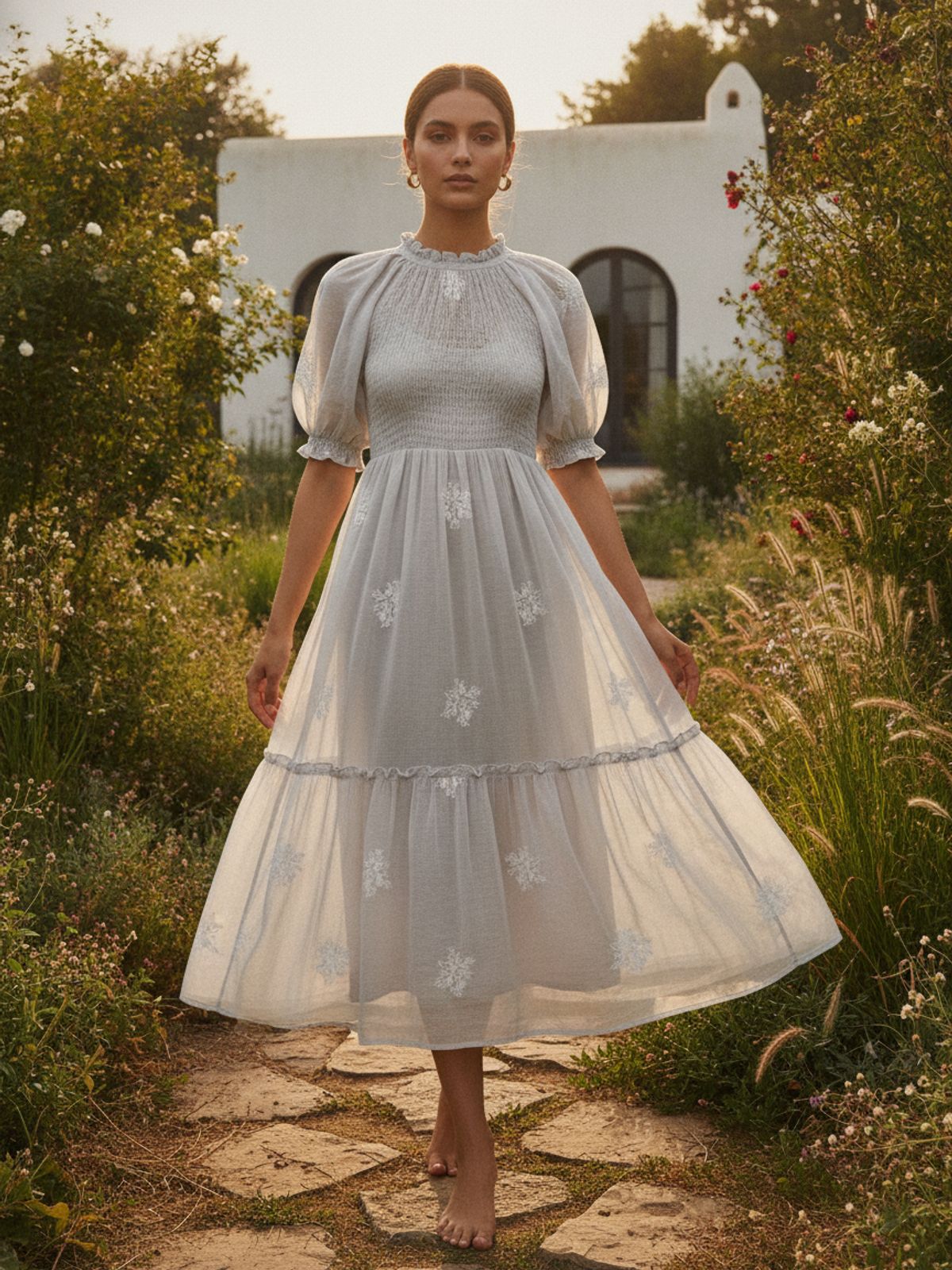 Greige Cotton Cambric with White Floral Embroidery