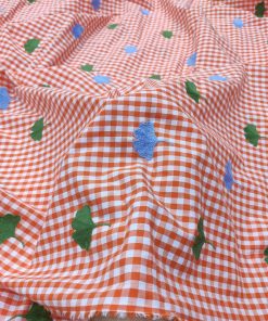 Orange Cotton Check Fabric with Ginkgo Leaf Embroidery | Charu Creation