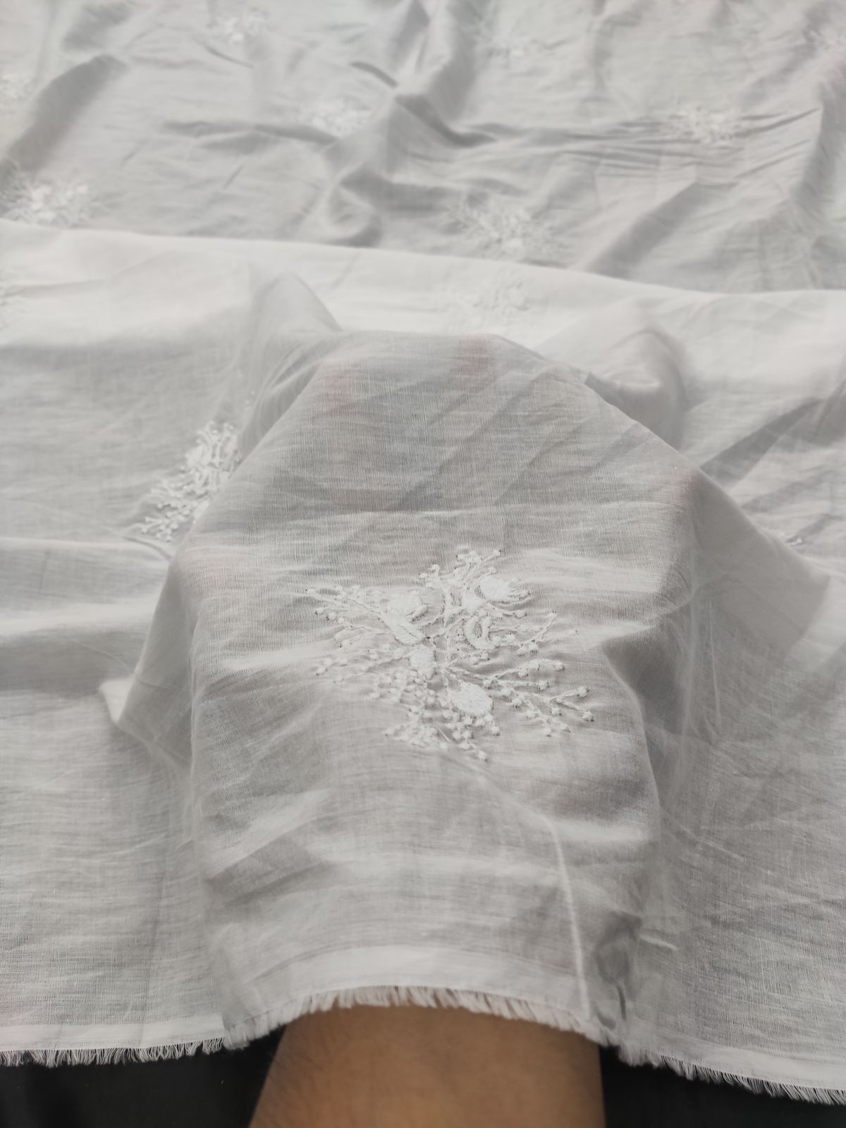 Greige Cotton Cambric with White Floral Embroidery | Charu Creation