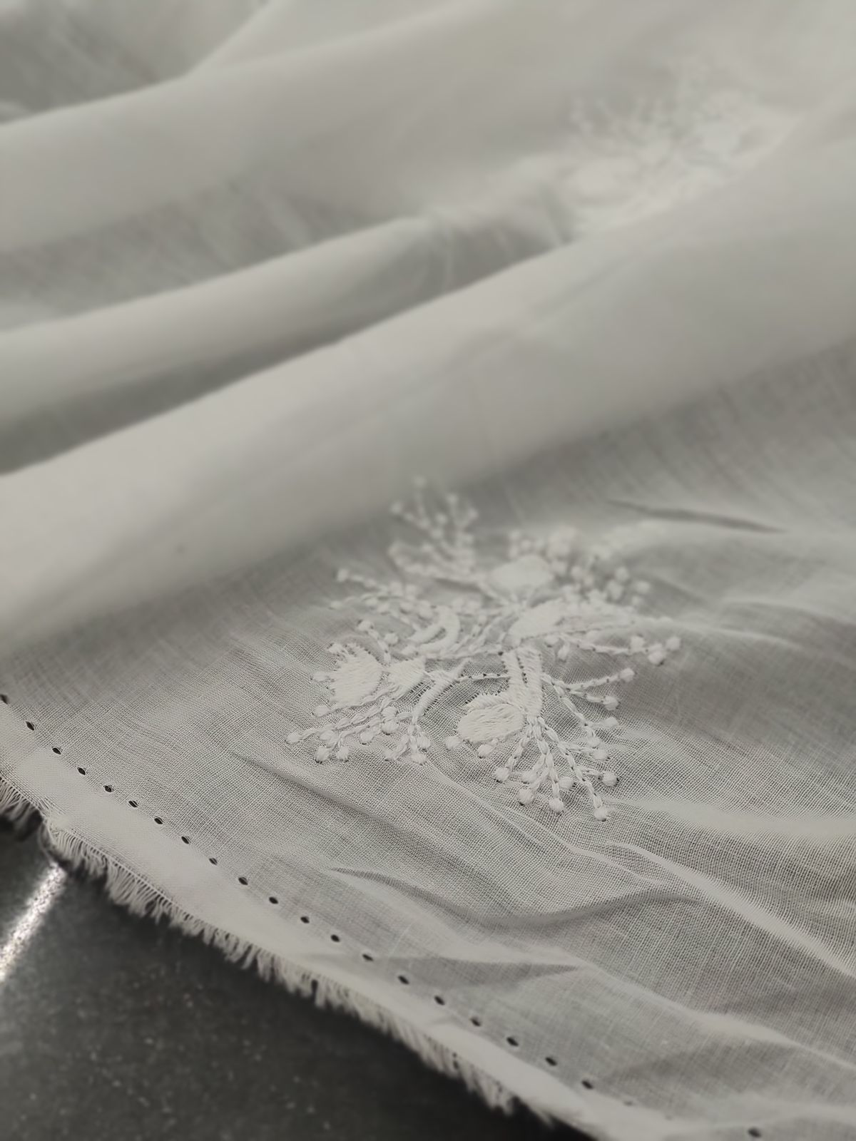 Greige Cotton Cambric with White Floral Embroidery | Charu Creation - Image 2