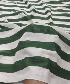 Green & White Striped Printed Cotton Cambric Fabric | Charu Creation