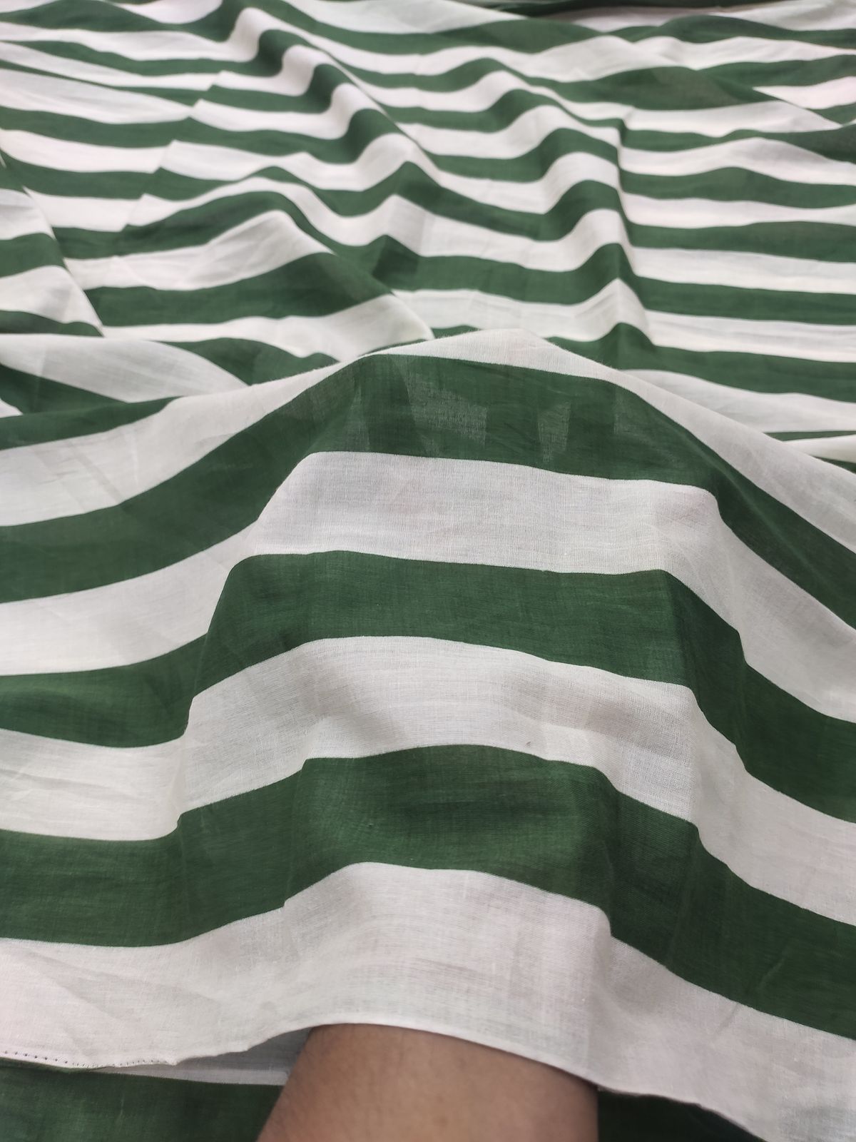 Green & White Striped Printed Cotton Cambric Fabric | Charu Creation