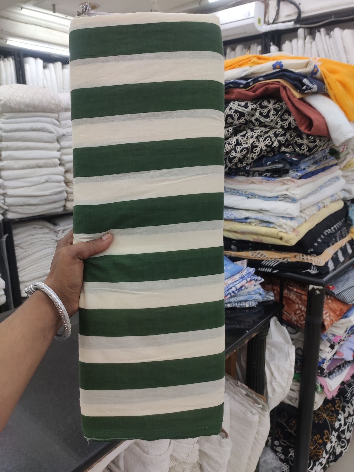 Green & White Striped Printed Cotton Cambric Fabric | Charu Creation - Image 2