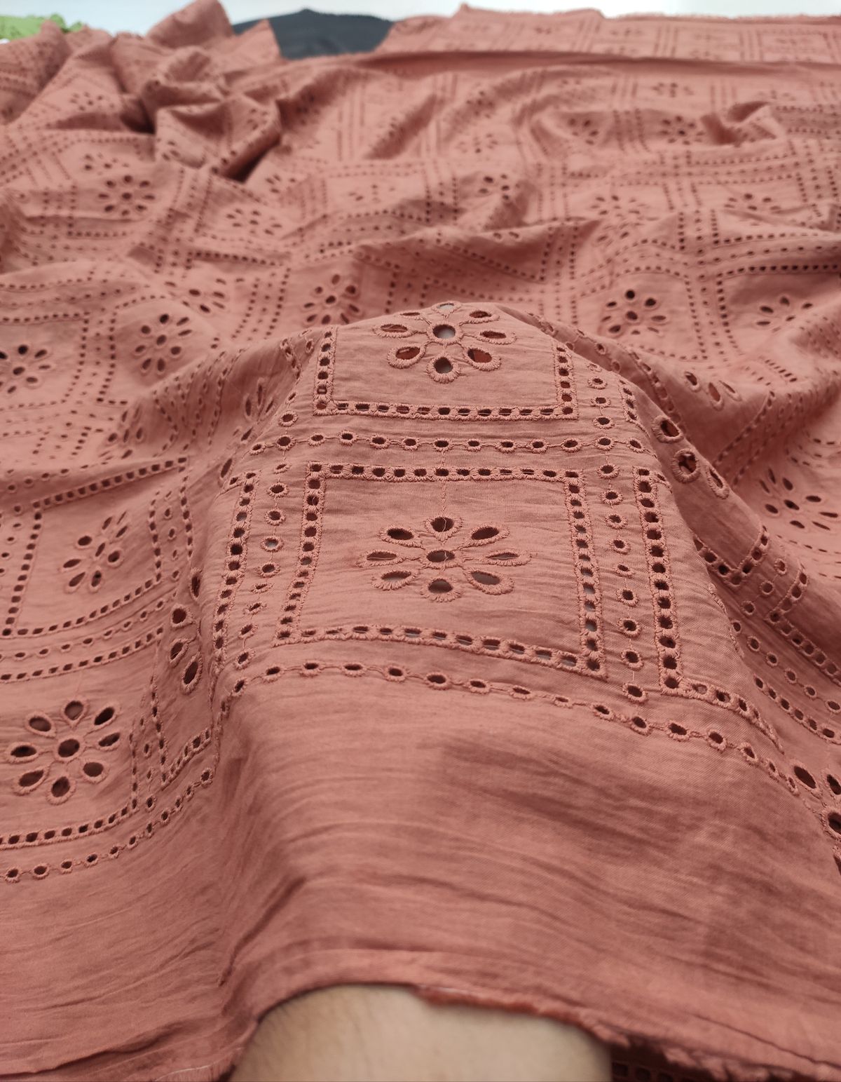 Rust Cotton Cambric Geometric Mirror Work Fabric | Charu Creation