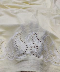 Sage Linen Fabric with Schiffli Embroidery Border | Charu Creation