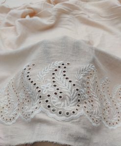 Beige Linen Fabric with White Embroidery Border | Charu Creation