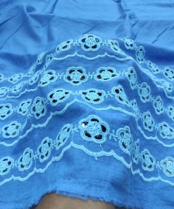 Blue Cotton Linen with Floral Embroidered Border | Charu Creation