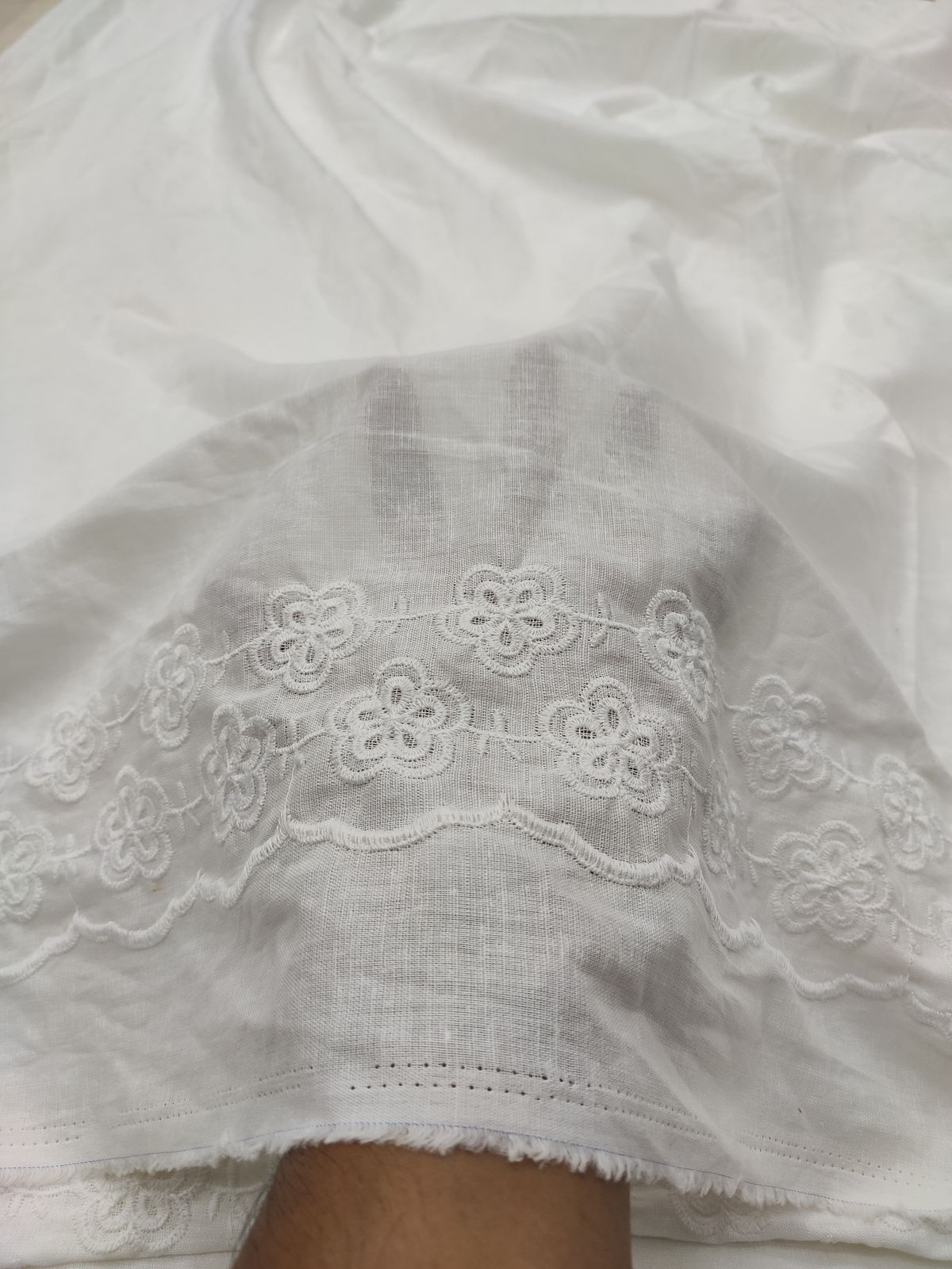Off White Cotton Linen with Floral Embroidered Border | Charu Creation