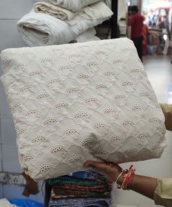 Greige Cotton Cambric All-Over Fan Embroidery Fabric | Charu Creation