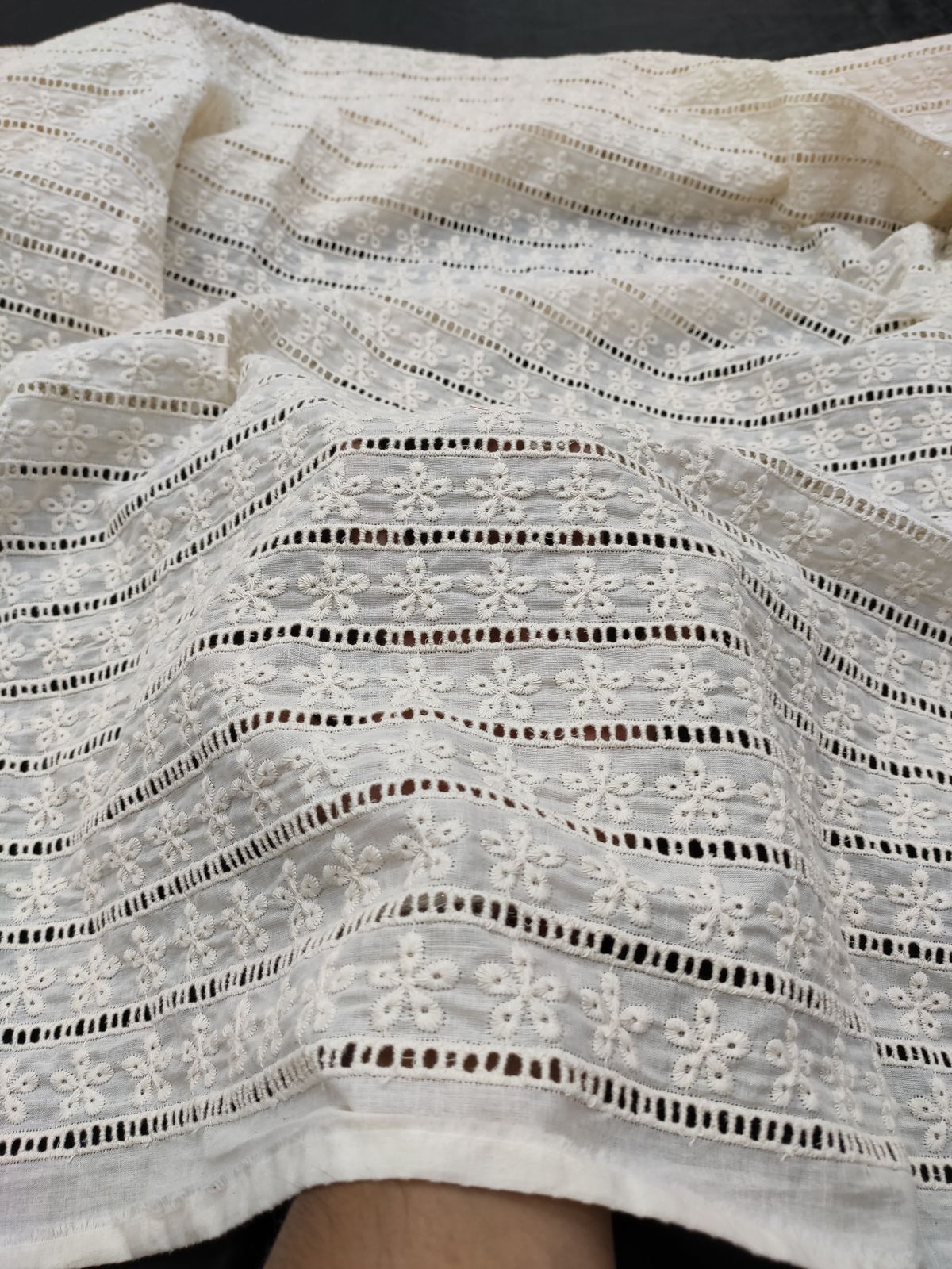 Greige Cotton Cambric Floral Schiffli Fabric | Charu Creation - Image 4