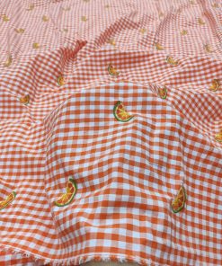 Orange Cotton Check Fabric with Citrus Embroidery | Charu Creation