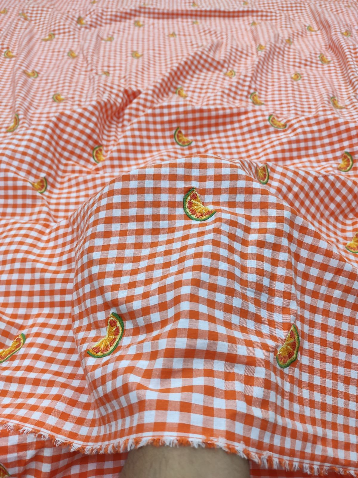 Orange Cotton Check Fabric with Citrus Embroidery | Charu Creation