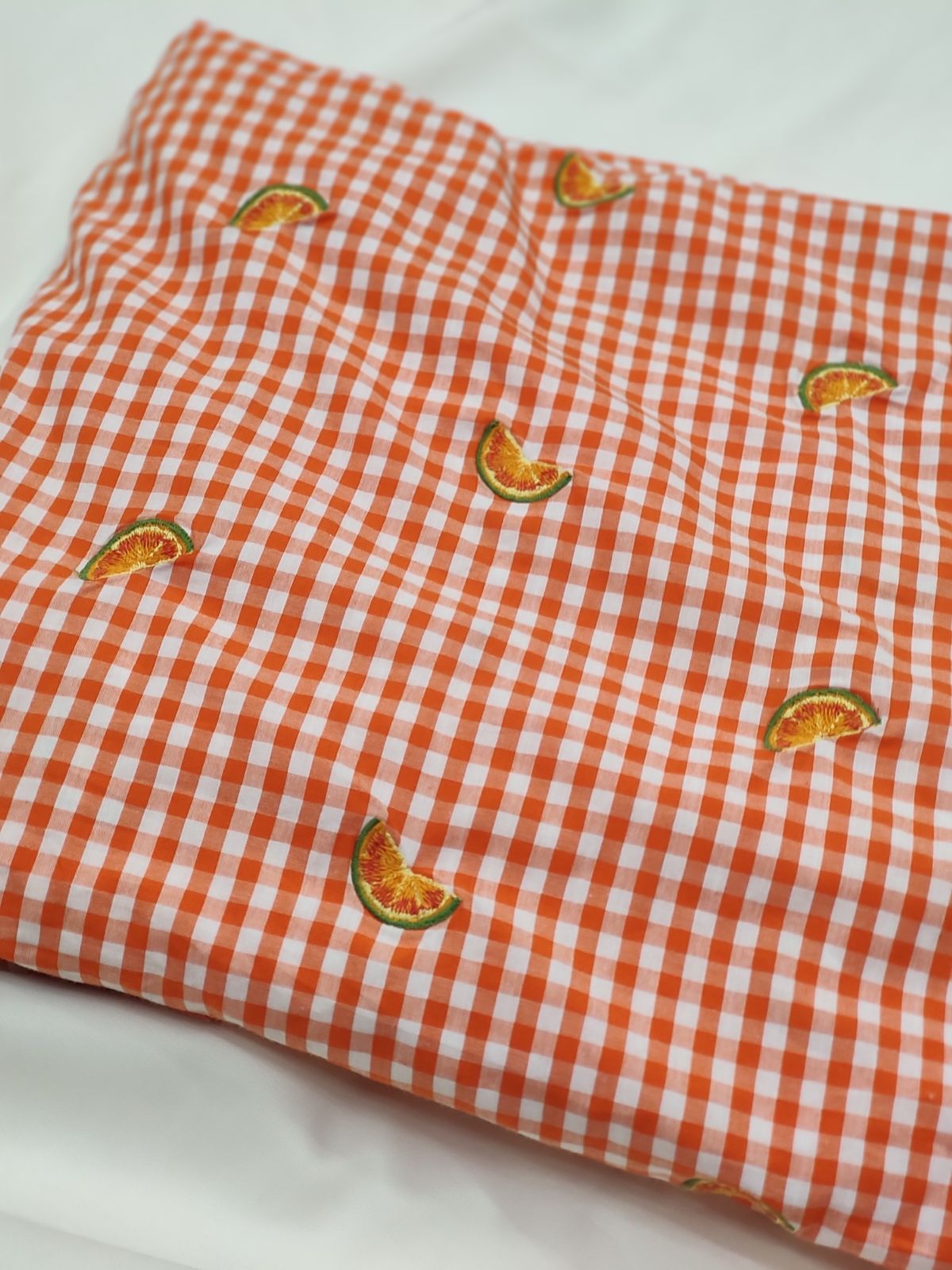 Orange Cotton Check Fabric with Citrus Embroidery | Charu Creation - Image 2