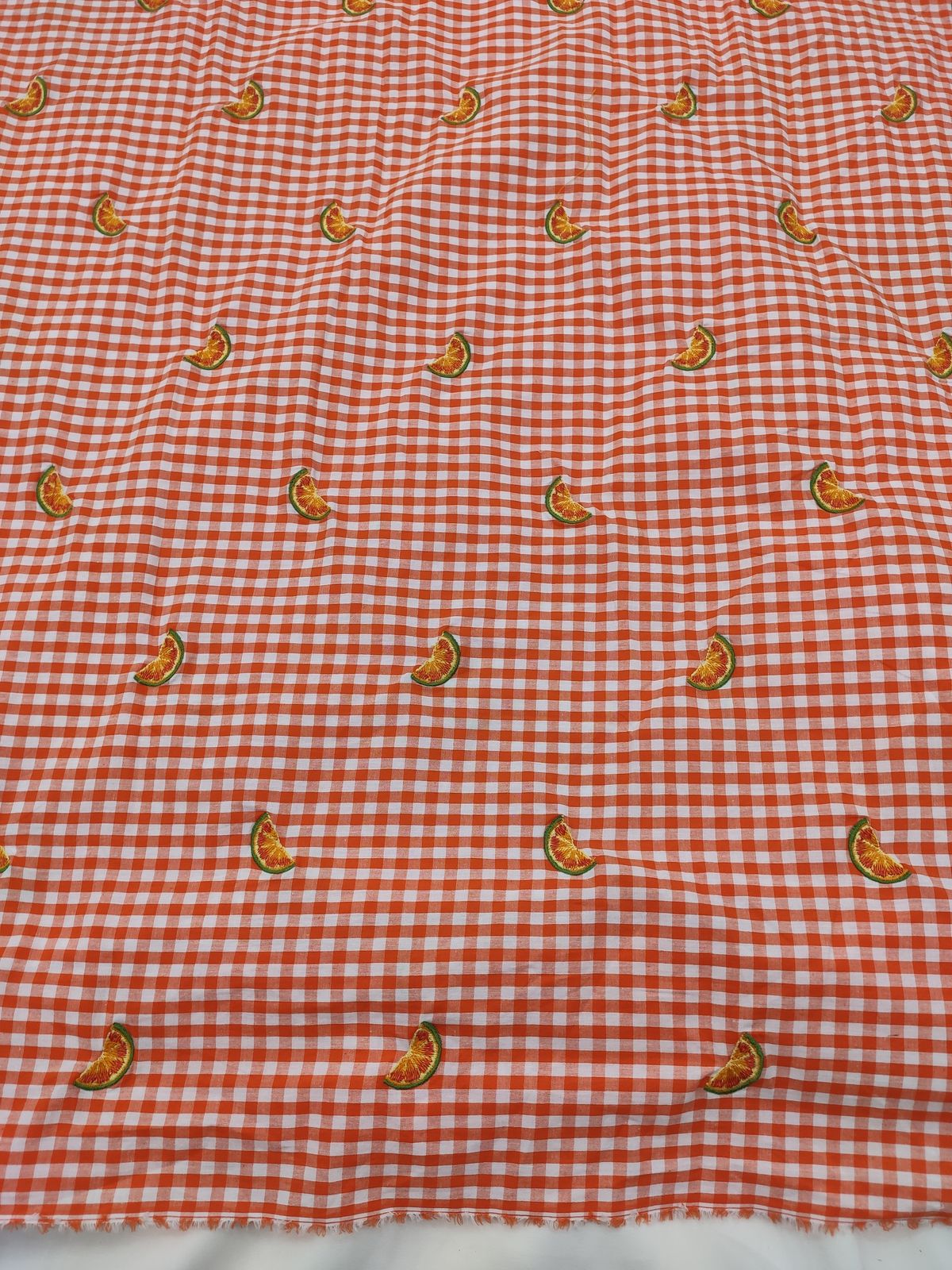 Orange Cotton Check Fabric with Citrus Embroidery | Charu Creation - Image 3