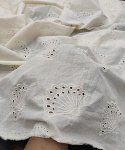 Greige Cotton Cambric Schiffli Fan Motif Fabric | Charu Creation