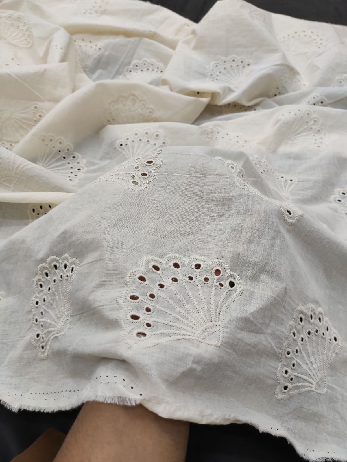 Greige Cotton Cambric Schiffli Fan Motif Fabric | Charu Creation