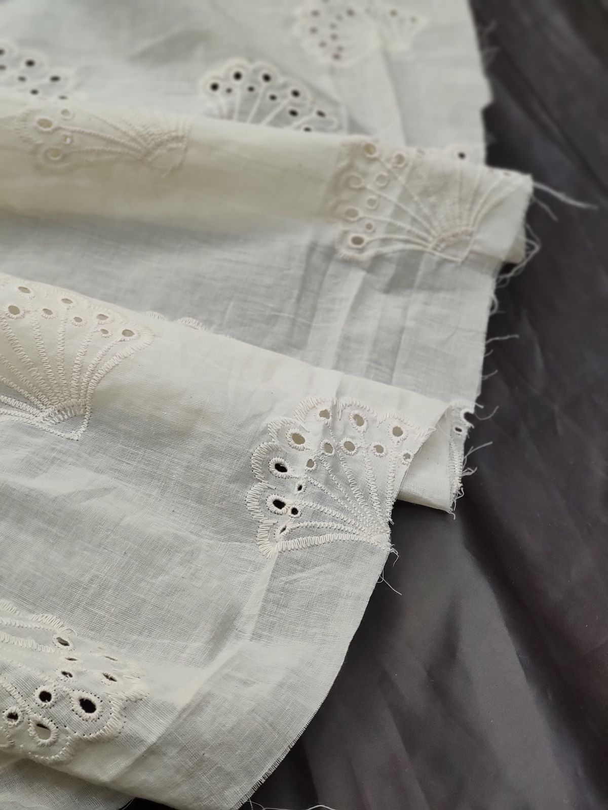 Greige Cotton Cambric Schiffli Fan Motif Fabric | Charu Creation - Image 2