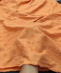 Orange Cotton Cambric Floral Embroidery Fabric | Charu Creation