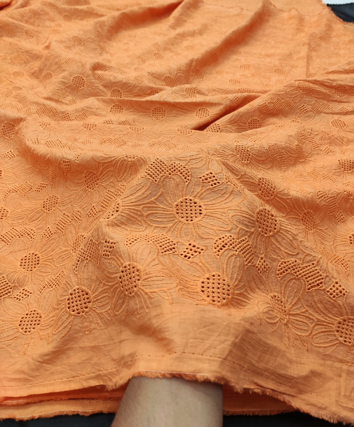 Orange Cotton Cambric Floral Embroidery Fabric | Charu Creation