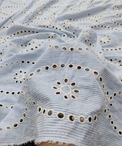 Sky Blue Cotton Yarn Dyed Stripe Schiffli Fabric | Charu Creation