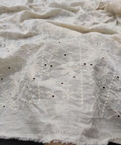 Greige Cotton Cambric Floral Stripe Embroidery Fabric | Charu Creation