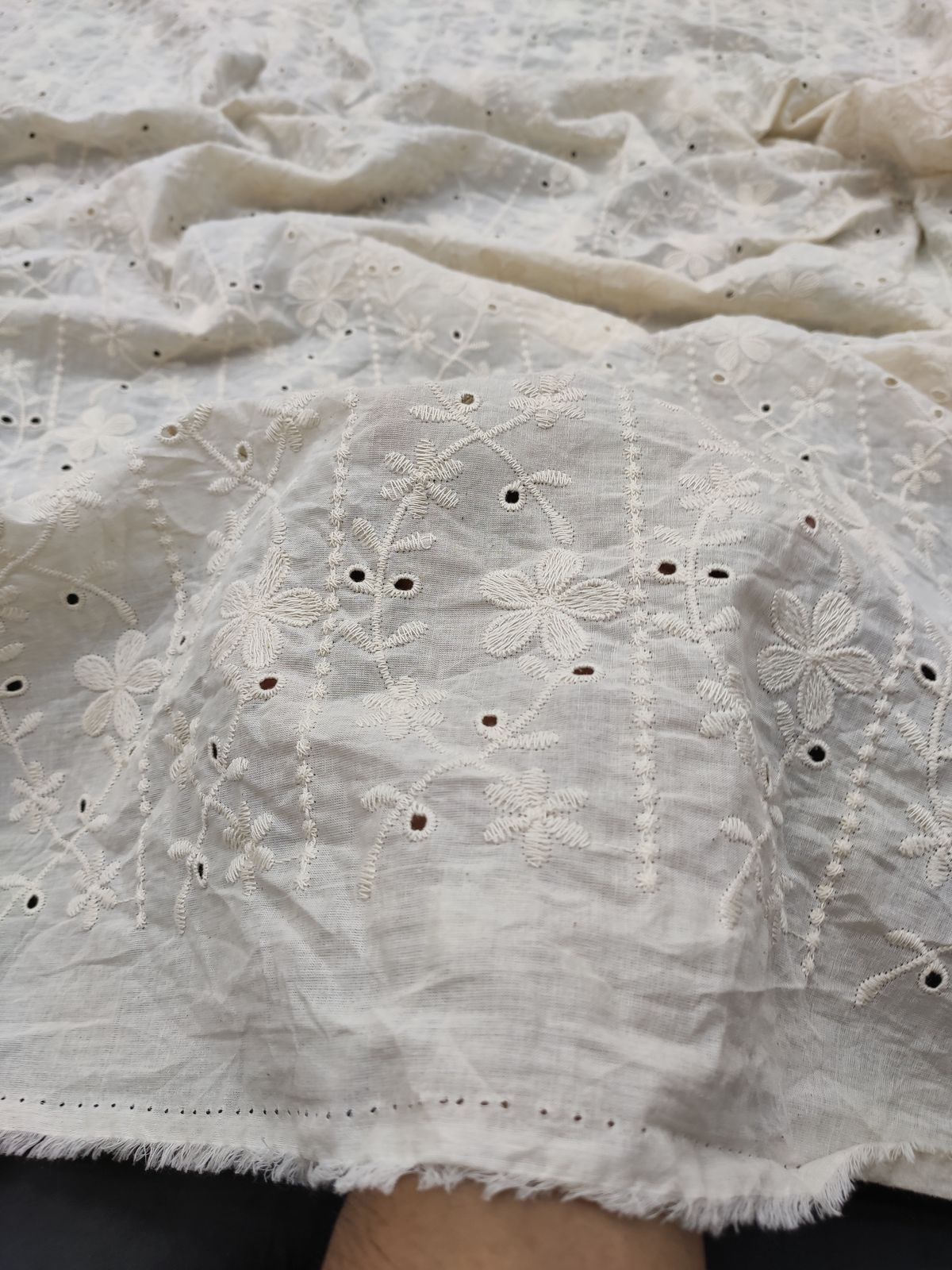 Greige Cotton Cambric Floral Stripe Embroidery Fabric | Charu Creation