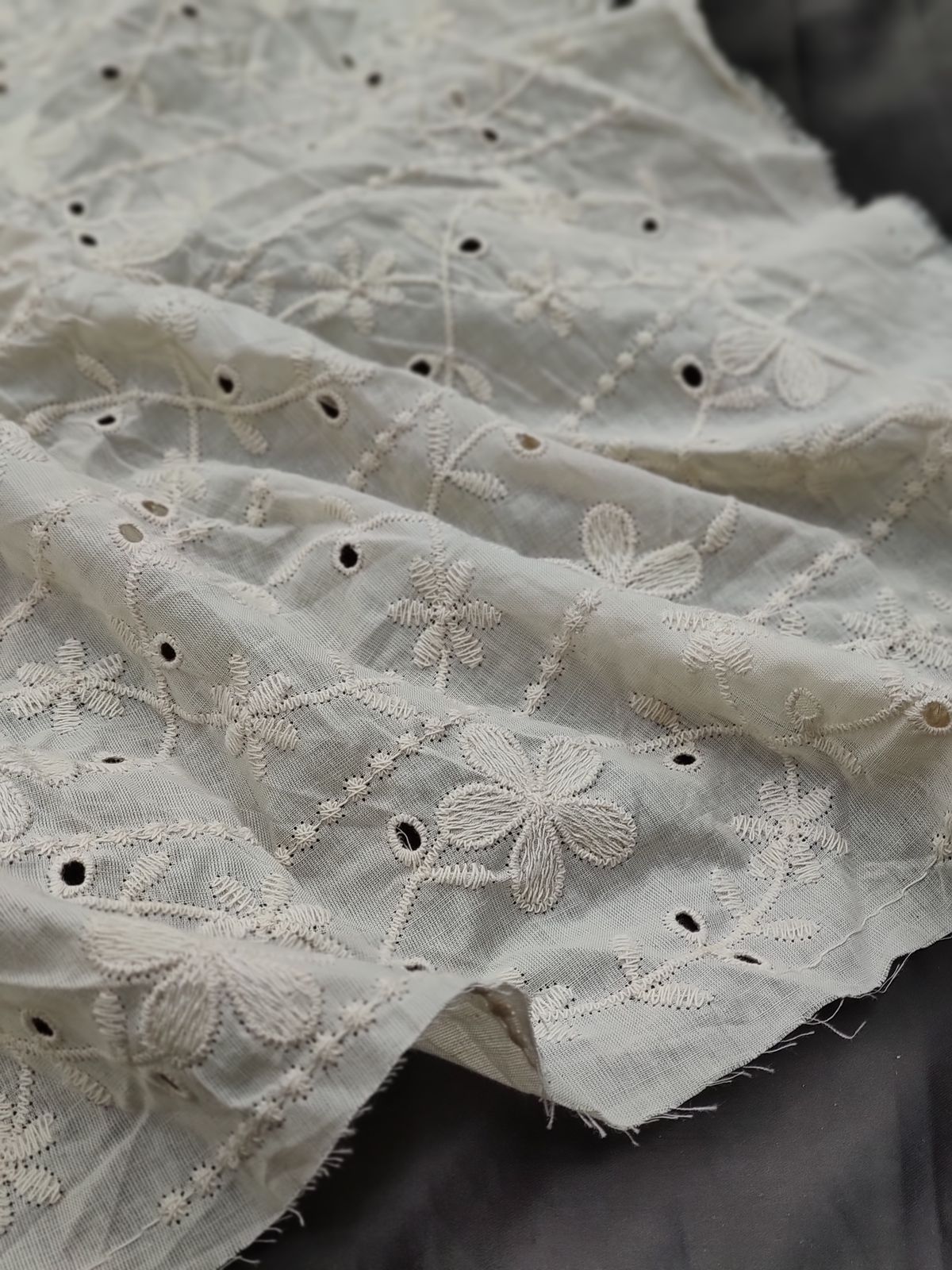 Greige Cotton Cambric Floral Stripe Embroidery Fabric | Charu Creation - Image 2
