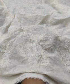 Greige Cotton Cambric Fabric with Floral Embroidery | Charu Creation