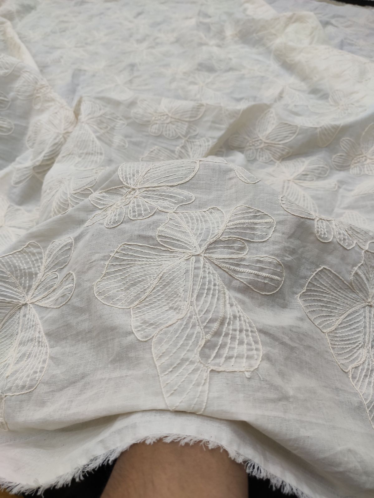 Greige Cotton Cambric Fabric with Floral Embroidery | Charu Creation