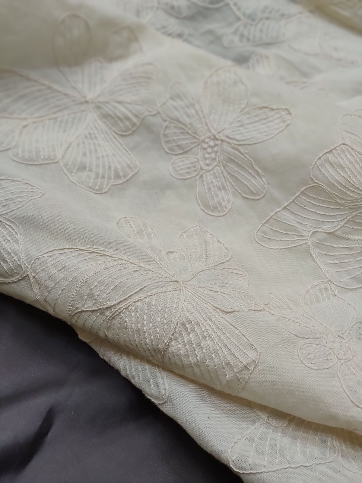 Greige Cotton Cambric Fabric with Floral Embroidery | Charu Creation - Image 2