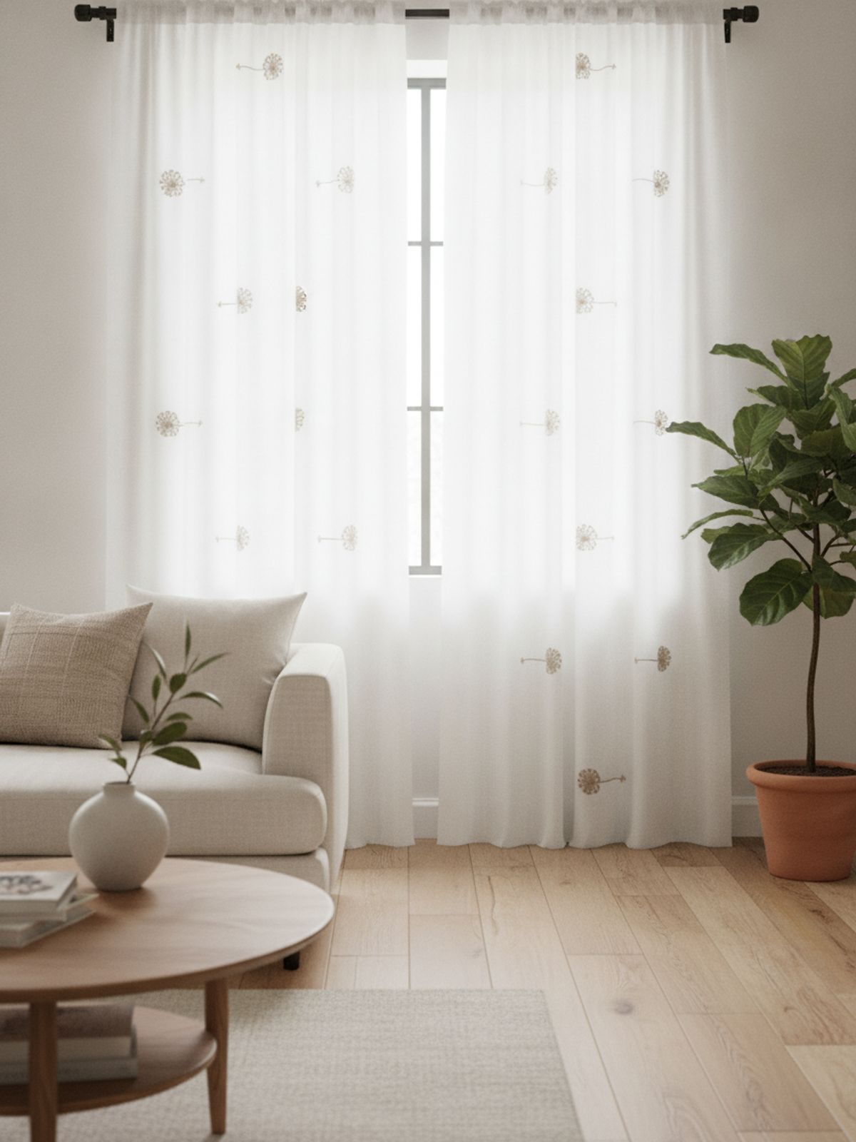 Off White Cotton Linen with Dandelion Embroidery