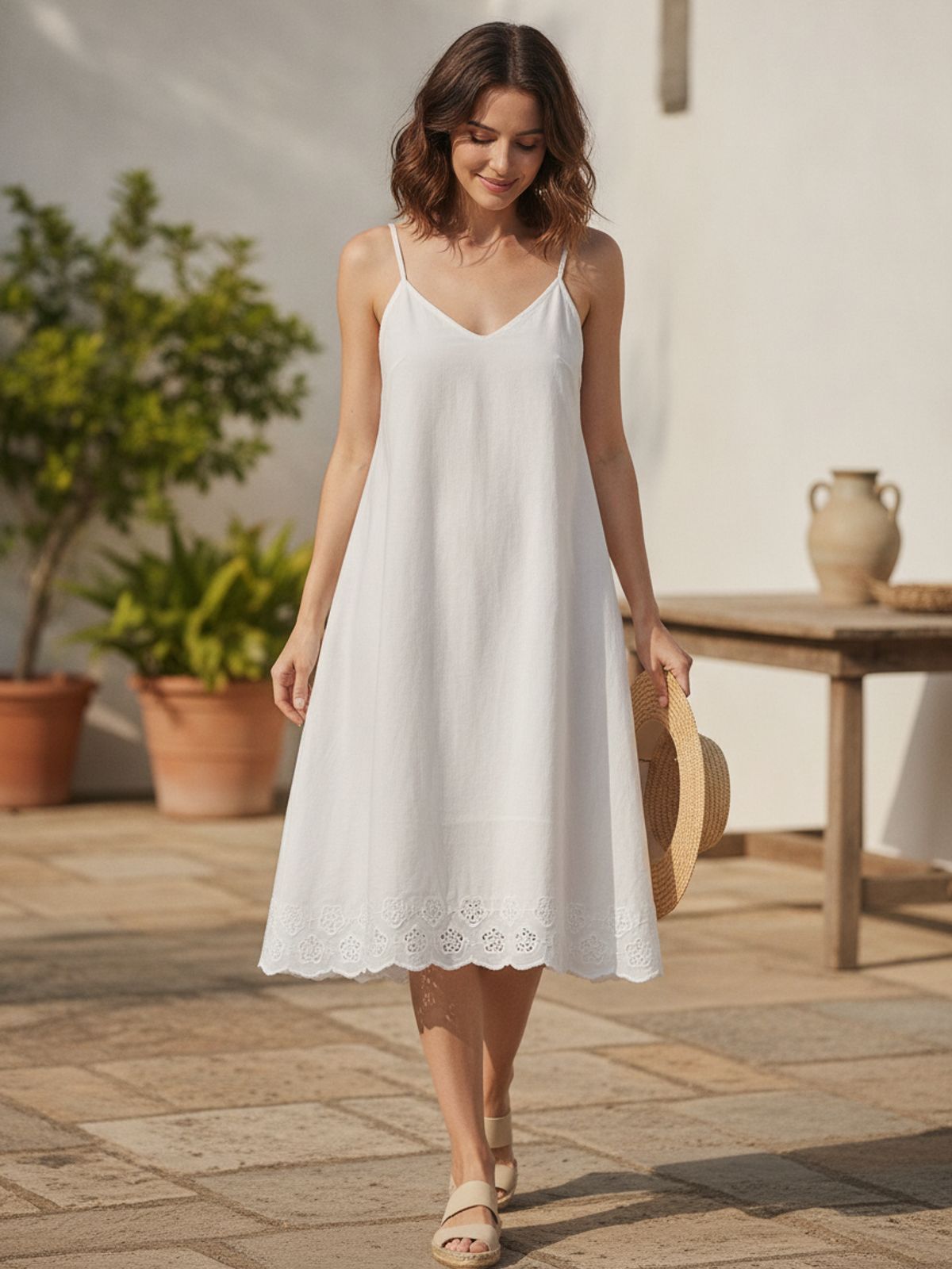 Off White Cotton Linen with Floral Embroidered Border