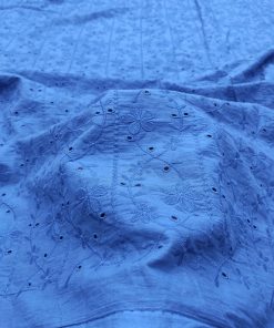 Blue Cotton Cambric with Floral Stripe Embroidery