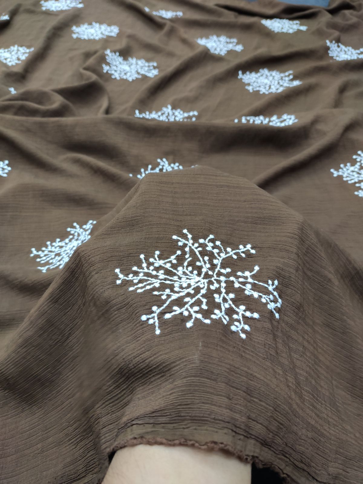Brown Nylon Viscose with White Floral Embroidery