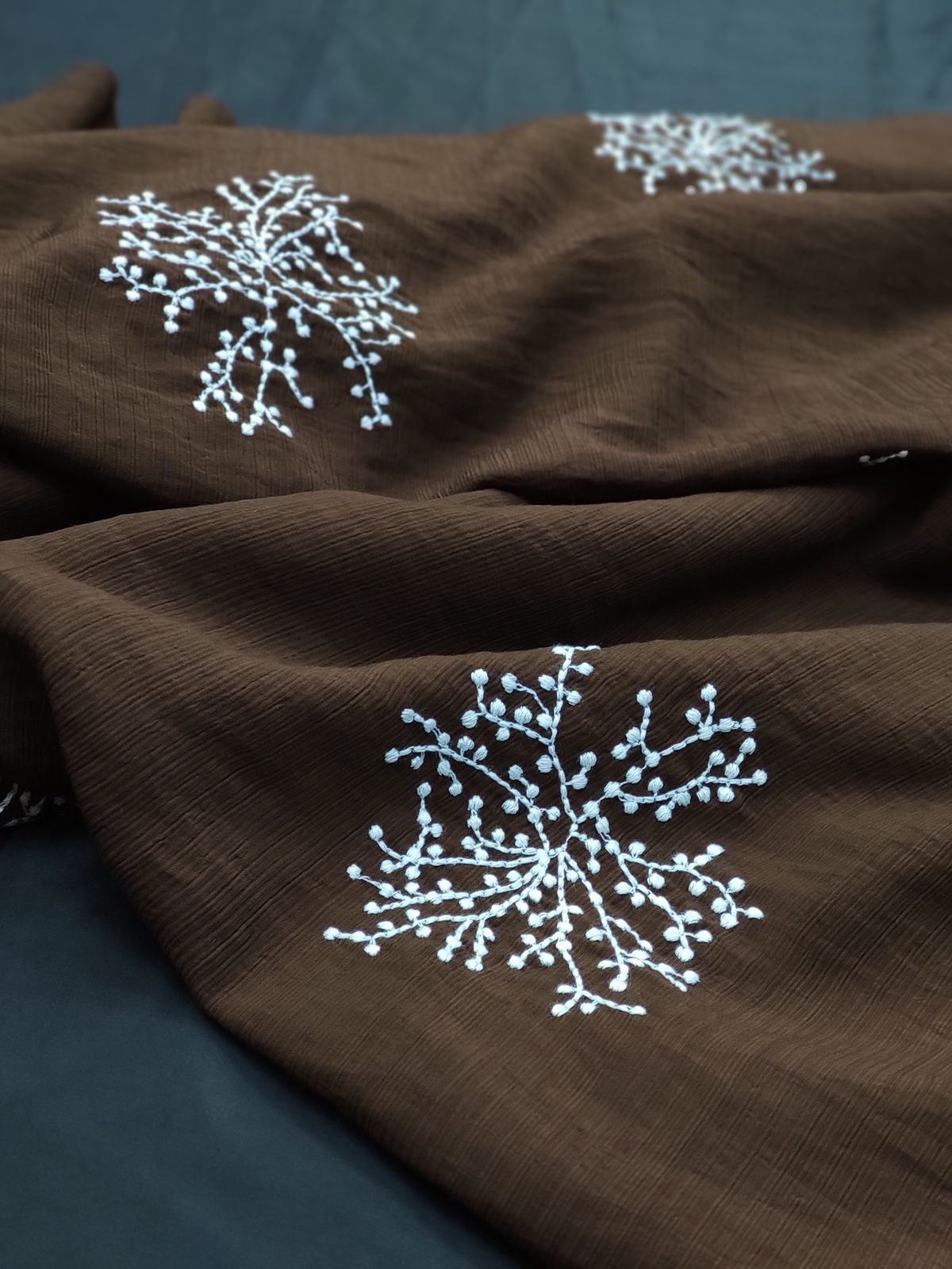 Brown Nylon Viscose with White Floral Embroidery