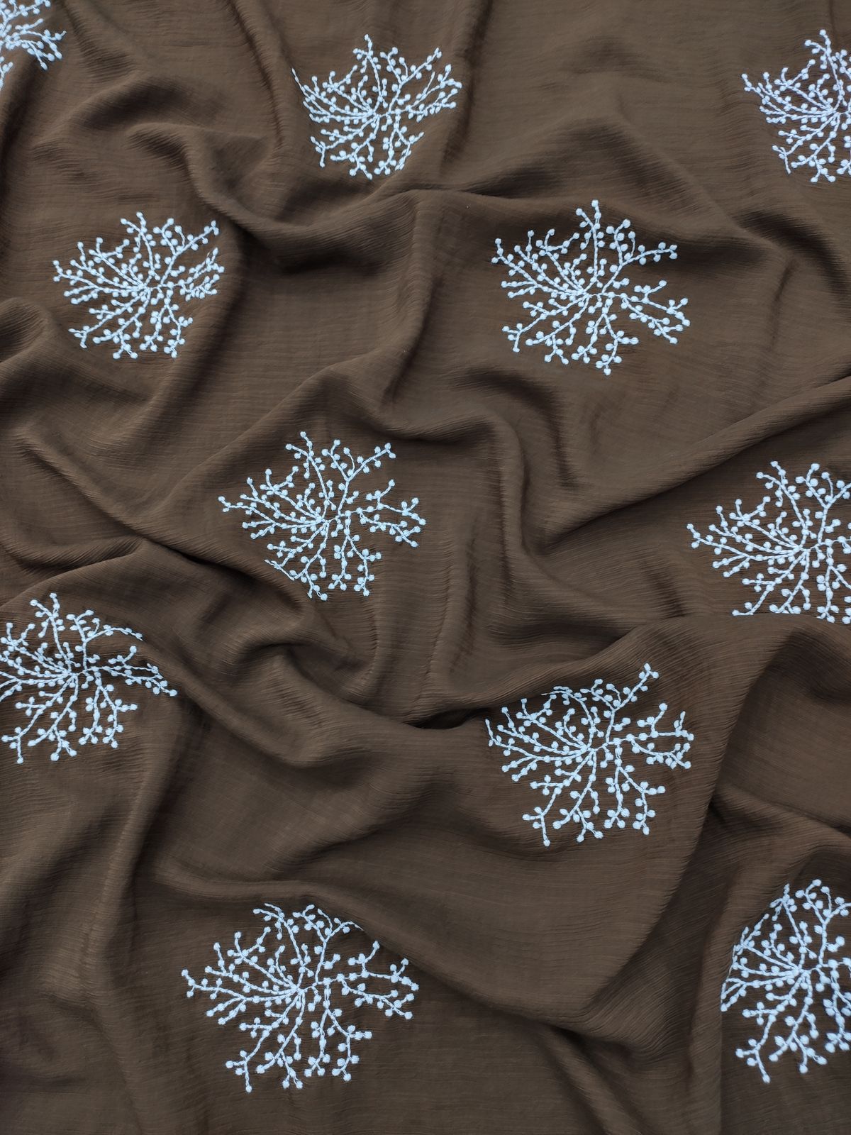 Brown Nylon Viscose with White Floral Embroidery