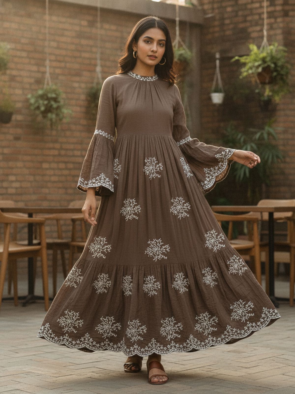 Brown Nylon Viscose with White Floral Embroidery