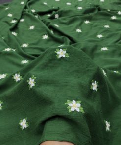 Green Rayon Crepe Fabric with Floral Embroidery