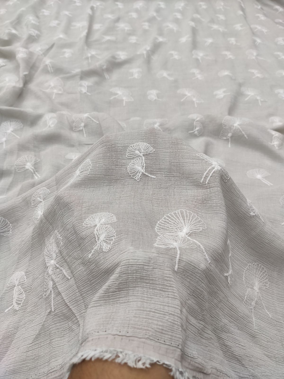 Grey Nylon Viscose with All-Over Fan Embroidery