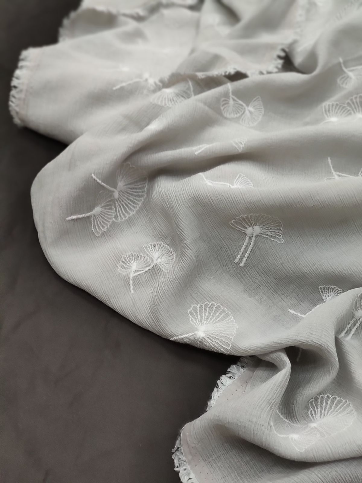 Grey Nylon Viscose with All-Over Fan Embroidery